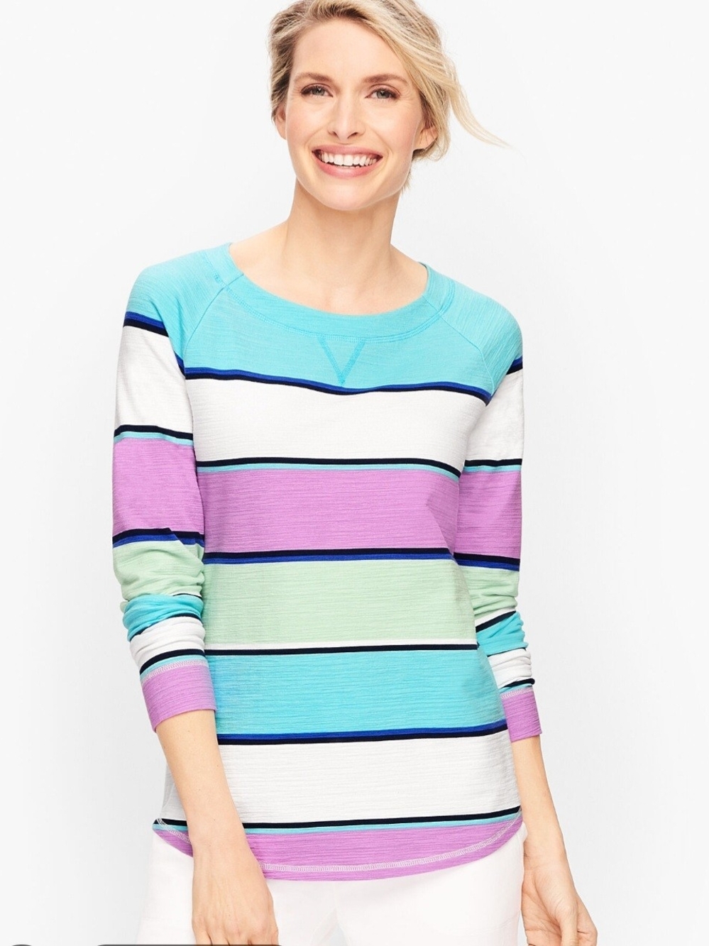 Talbots UPF 50+ Slub Terry Striped Sweatshirt - Pastel Multi-Color - Sz L Modal